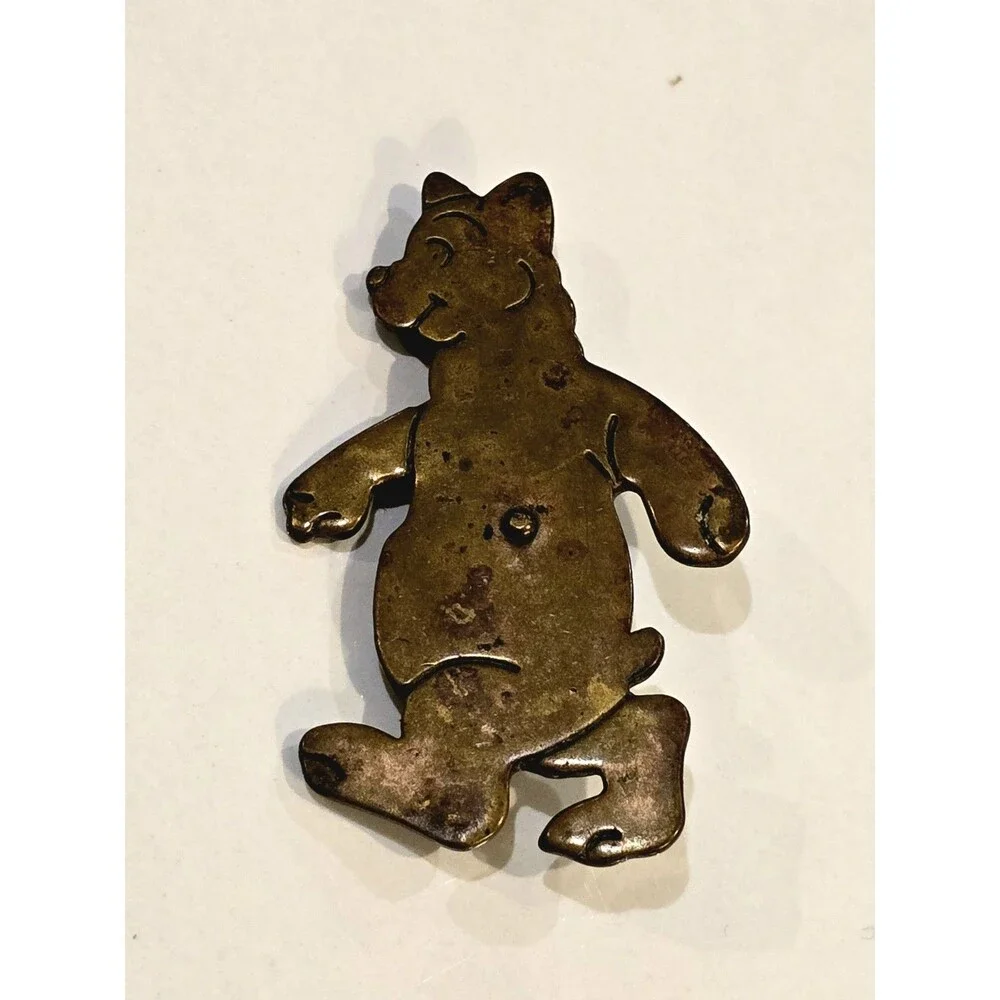 Vintage Teddy Bear Brooch Brass Tone Smiling Bear Animal Pin #1365